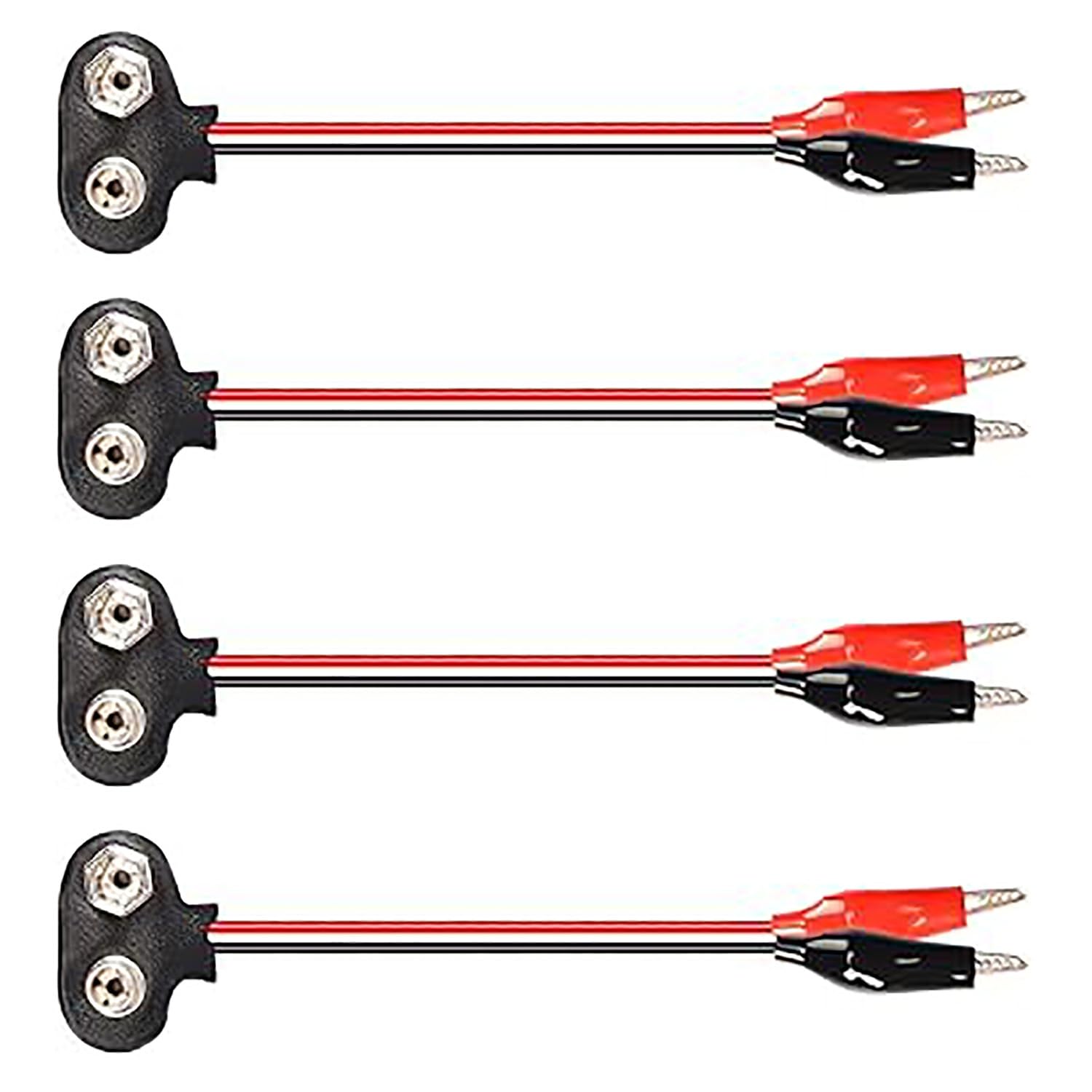 Bxian 4PCS T Shape 9V Battery Snap Connectors 15cm Positive and Negative Snap Leads to Dual Alligator Clip Cables for Connecting Power Modules