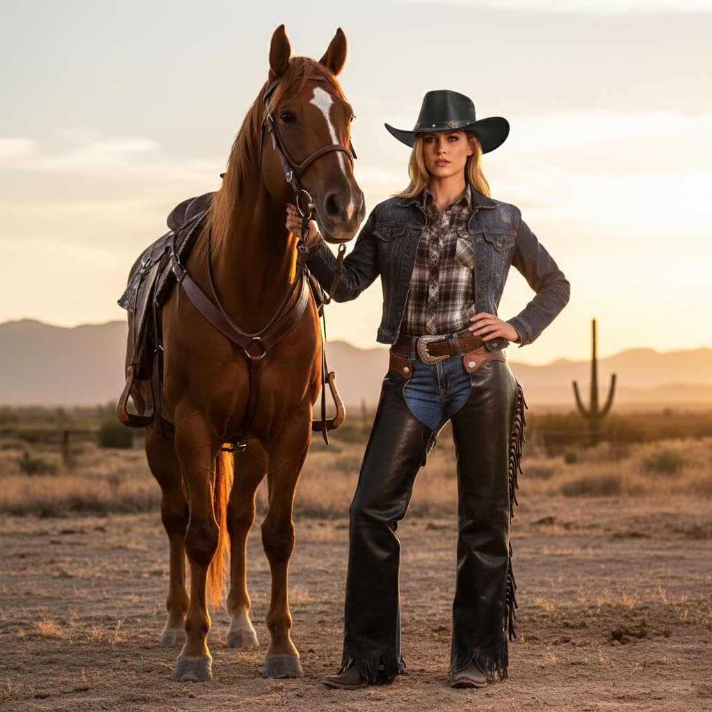 Equine Care Cappello da cowboy in pelle nera (L 58-59 cm) per uomini e donne - Cappello Western Outback in vera pelle bovina spaccata con tesa modellabile da 2,7 ″, banda concho decorativa, cappello