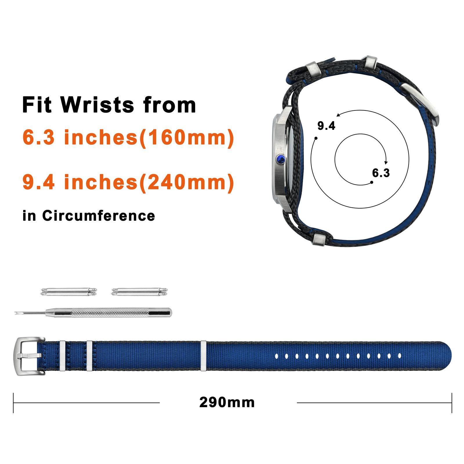 ANNEFIT Wojskowy nylonowy pasek do zegarka dla mężczyzn i kobiet, zapasowy pasek do zegarka 18 mm, 20 mm, 22 mm, ze srebrną czarną klamrą ze stali nierdzewnej