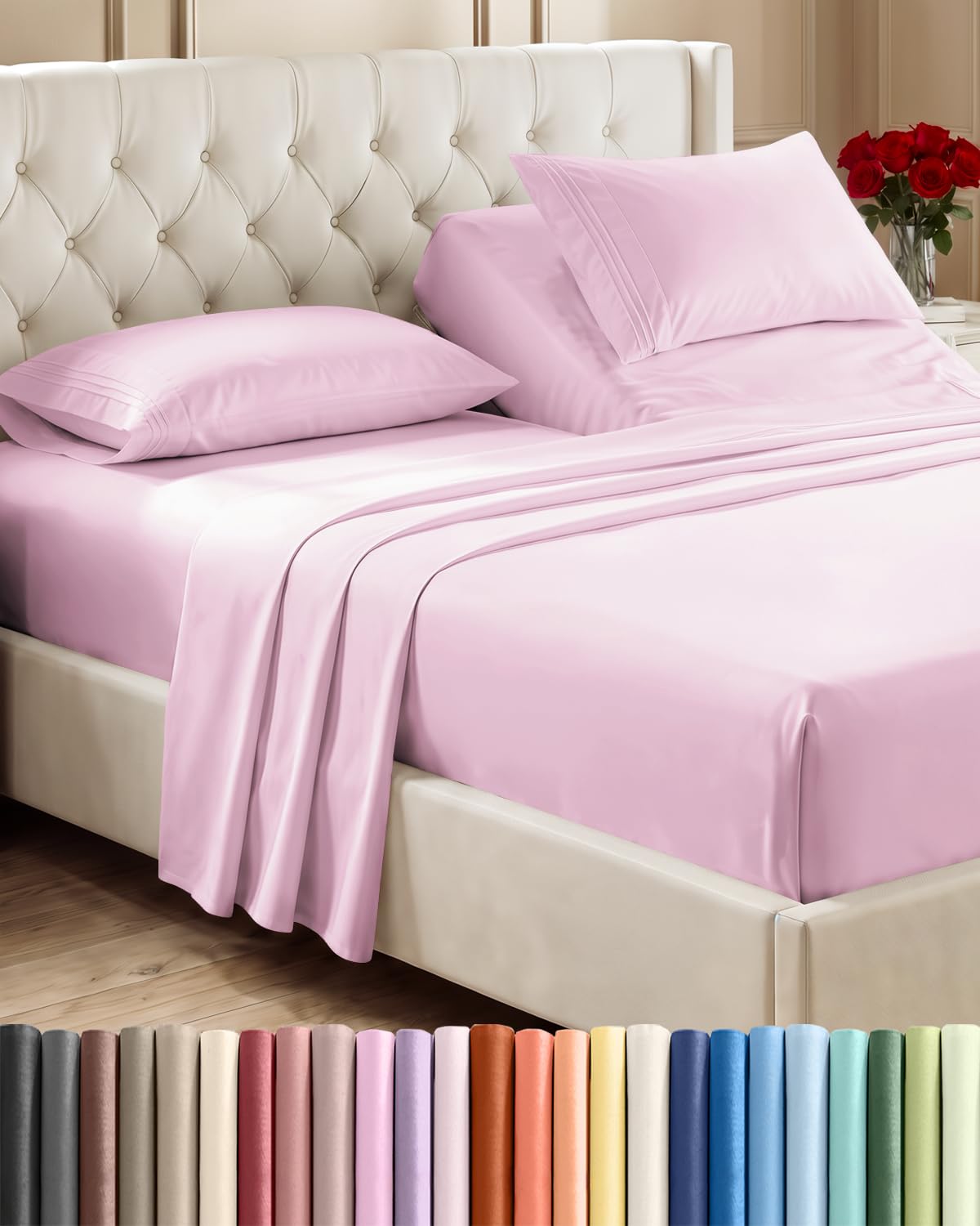 Flex Top Split Head King 4 Piece Sheet Set - Soft &amp; Breathable - Light Pink