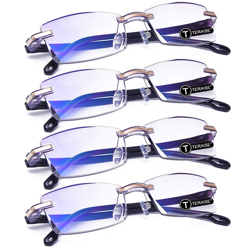 TERAISE 4 piezas Gafas de lectura hombre Moda Anti-Azul Lectores de calidad de luz Diseño de corte de diamante Anti-fatiga para mujeres Gafas de computadora/teléfono celular