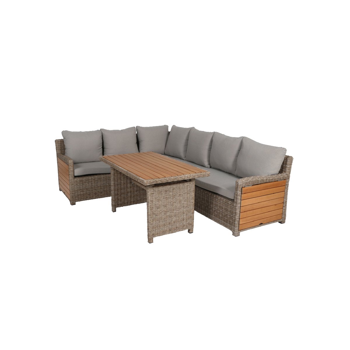 greemotion Salon de Jardin Terrasse Verona en Résine Tressée et Bois d’Acacia 100% FSC, Canapé d’Angle Gris 7 Places, Ensemble de Jardin Modulable avec 1 Table de Jardin, 1 Tabouret et 2 Canapés