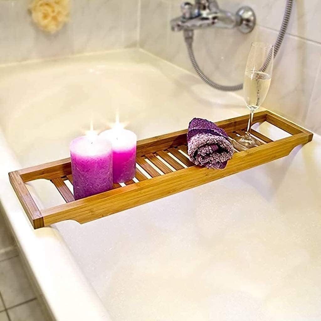 Bathtub Tray, Bath Trays Bathtub Caddy, Wooden Bathroom Rack,4. 5 x 70 x 14.5cm, Over The Tub Storage Tray, Natural Wood Foldable Bathtub Cover Bathroom Trays
