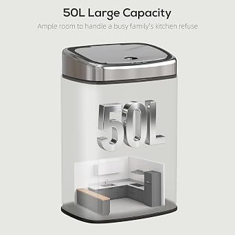HOMCOM 50L Sensor Bin with Soft-Close Lid Automatic Kitchen Bin Silver Tone