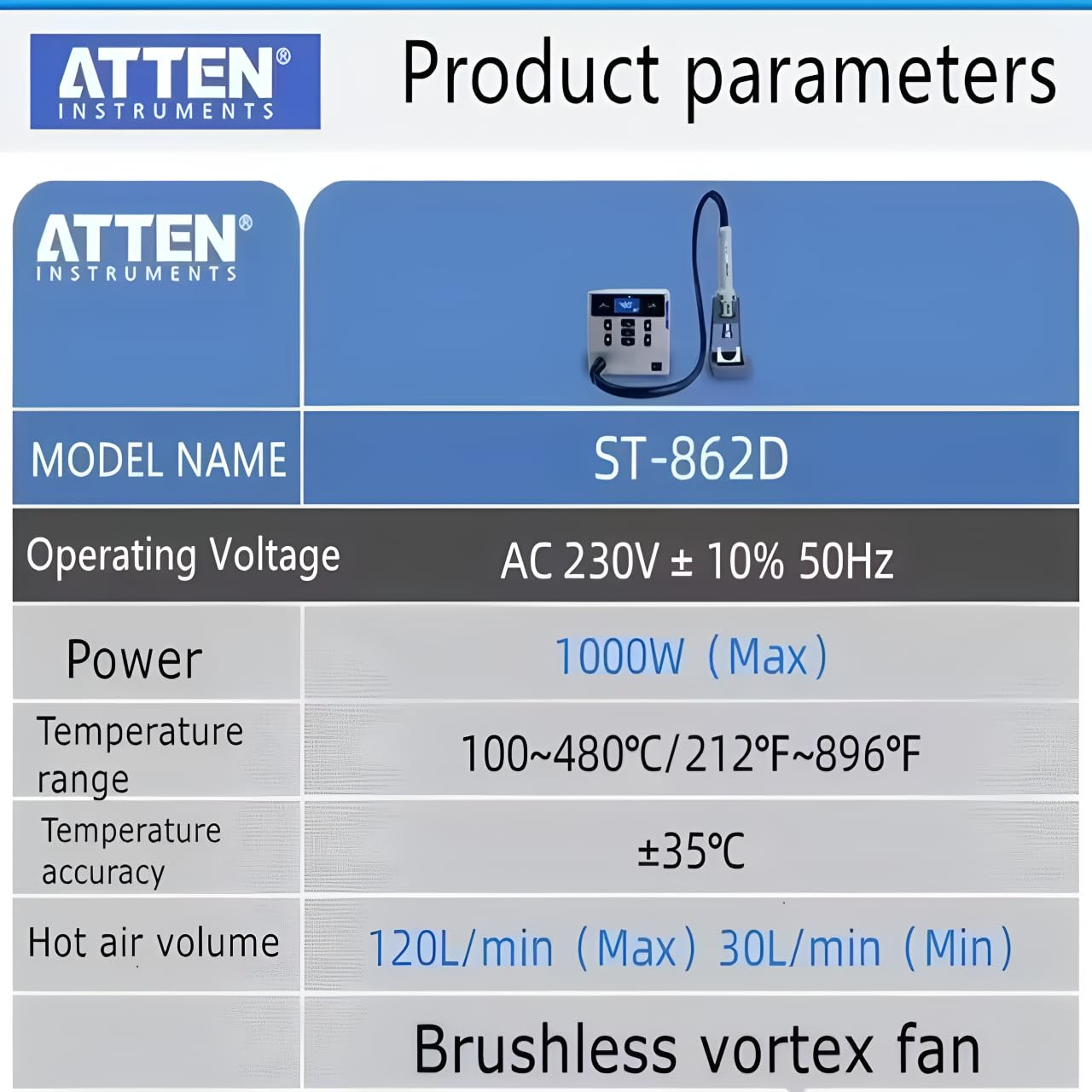 ATTEN St-862D 1000W Heißluftpistole mit Digitalanzeige BGA-Reparaturstation mit automatischem Schlafmodus zur Reparatur und Entlötlösung(ST-862D B)