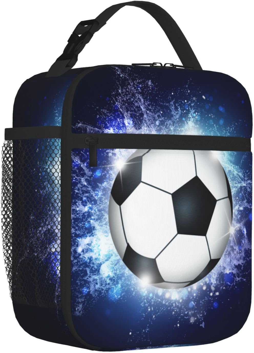 Sports Lunch Box with Soccer Pattern Print, Blue Insulated Lunch Bag for Kids Teens Boys Girls, Reusable Lunch Bag Ice Packs Containers Tote Handbag with Water Bottle Holder and Handle - Image 2