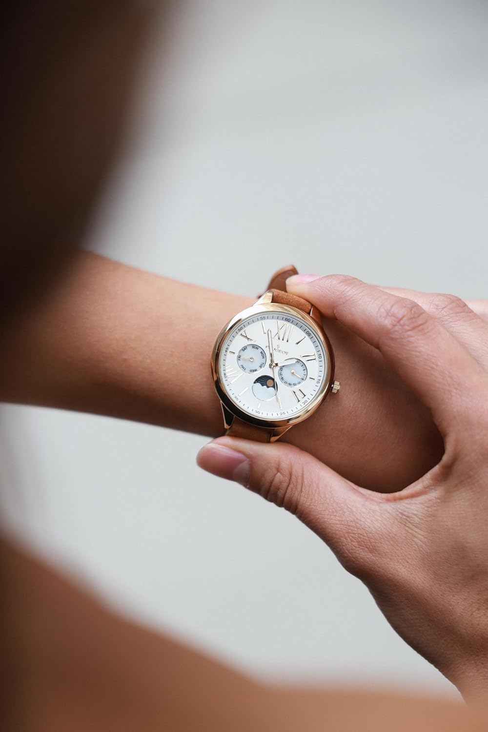 Peugeot Women’s Gold Round Multi-Function Watch with Skinny Brown Suede Strap