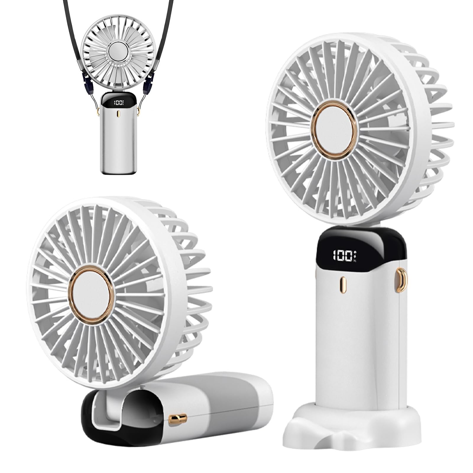 Portable Handheld Fan, 12 hours, Upgrade 3200mAh Portable Fan with LED Display, 90° Foldable, 5 Speed Wind,Hand Held/Neck/Desk 3 in 1 Personal Small Fans, Makeup Fans for Women (White)