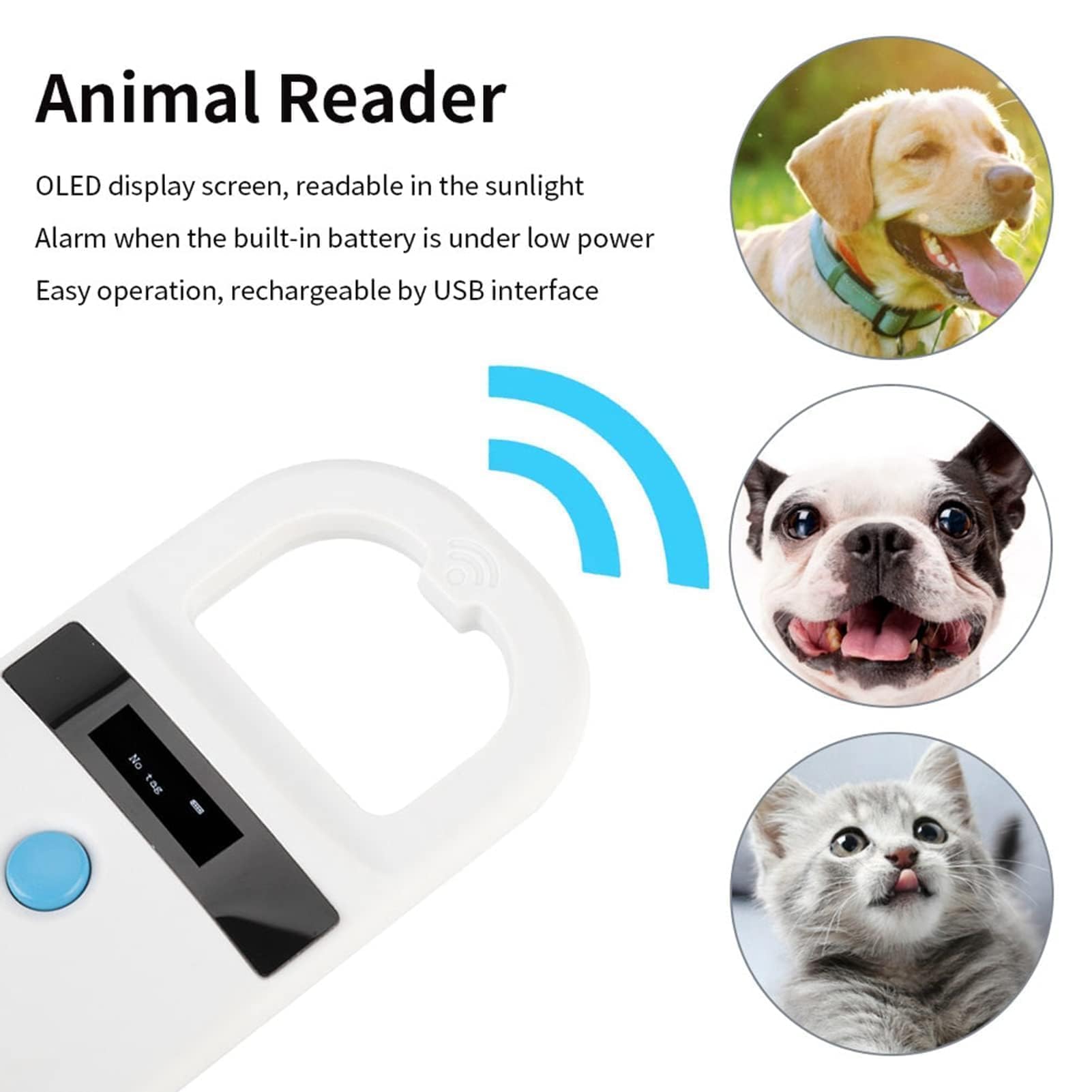 Escáner de microchips para mascotas, lector de microchips para mascotas, lector de microchips RFID EMID recargable, escáner de microchips para perros, escáner de chips para perros, gatos