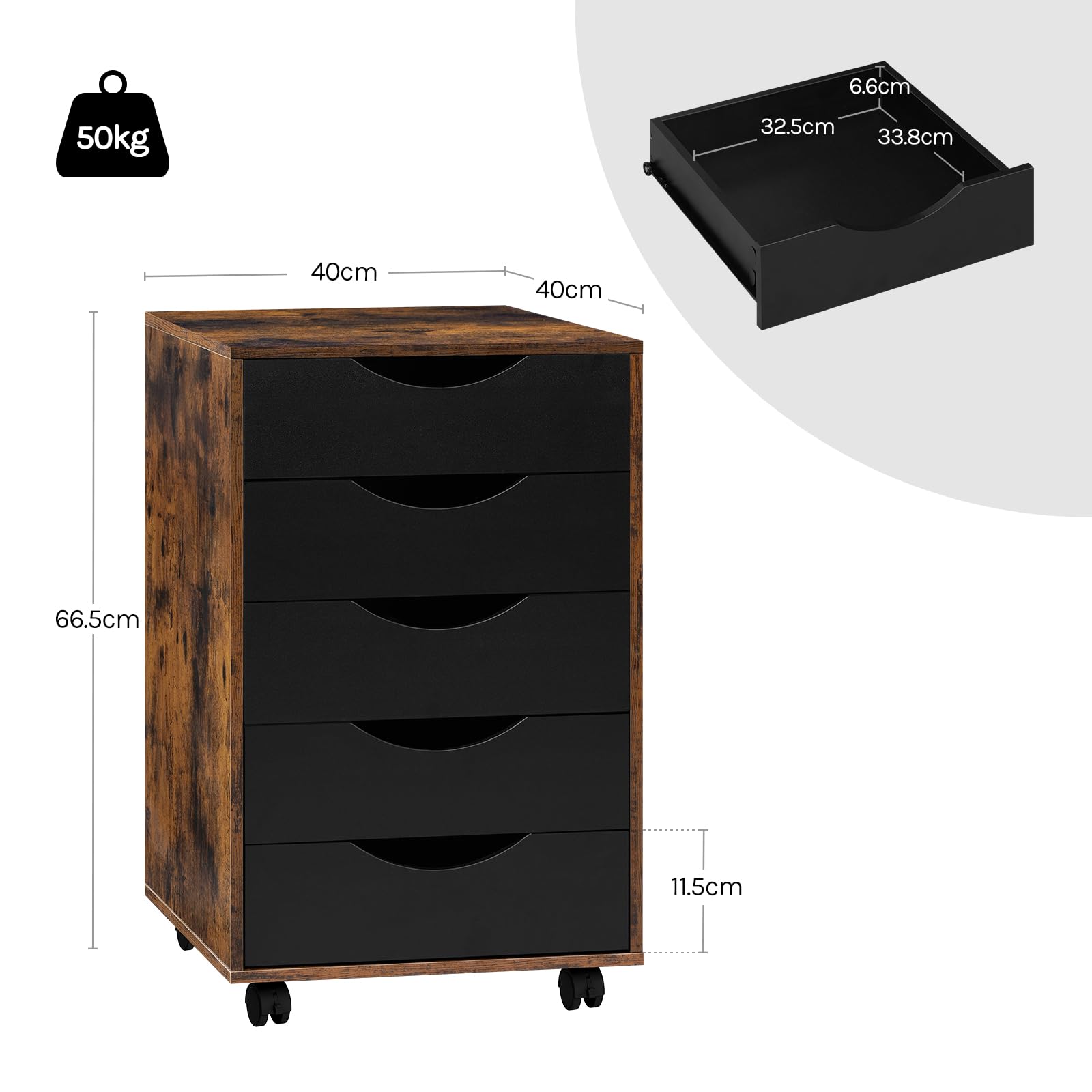 WOLTU Scrivania a Piedistallo con 5 Cassetti, Schedario Rotante, Comodino, Mobile per Ufficio, Camera da Letto, in Legno Ingegnerizzato PB, Marrone Rustico, 40x40x66,5cm