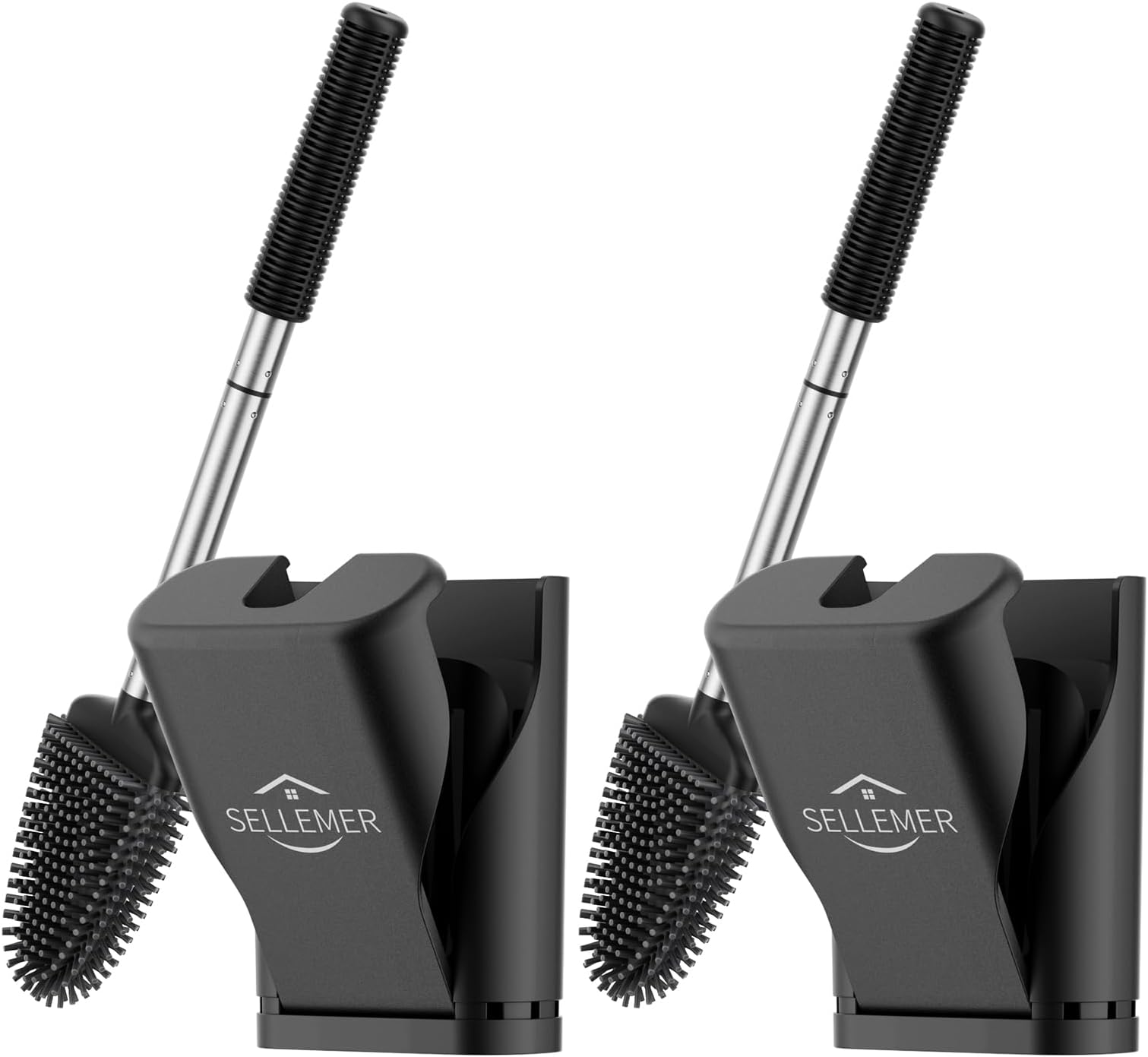 Upgraded Ventilation Design Toilet Brush - Sellemer Toilet Brush and Holder Set with Silicone Bristles to Easily Clean Dead Corners (2 Pack, Black)