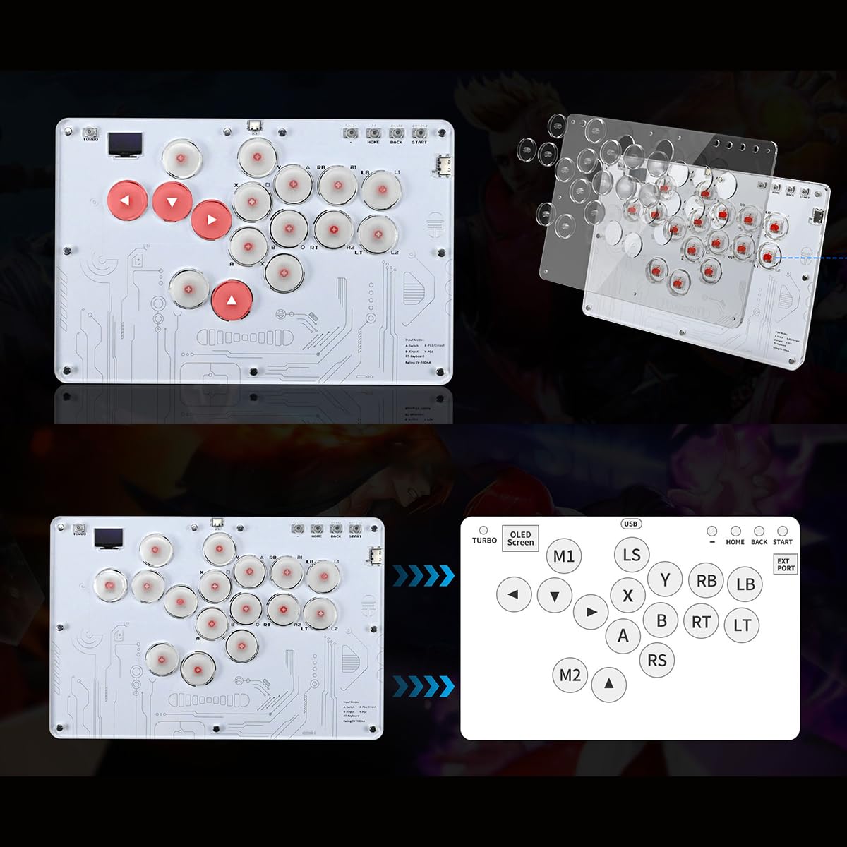Sarini Tastiera da Combattimento,Console di Gioco Arcade a 16 Pulsanti,Controller di Gioco Joy-Stick Stickless Arcade con RGB Personalizzato per PC/P-S4/PS3/Switch