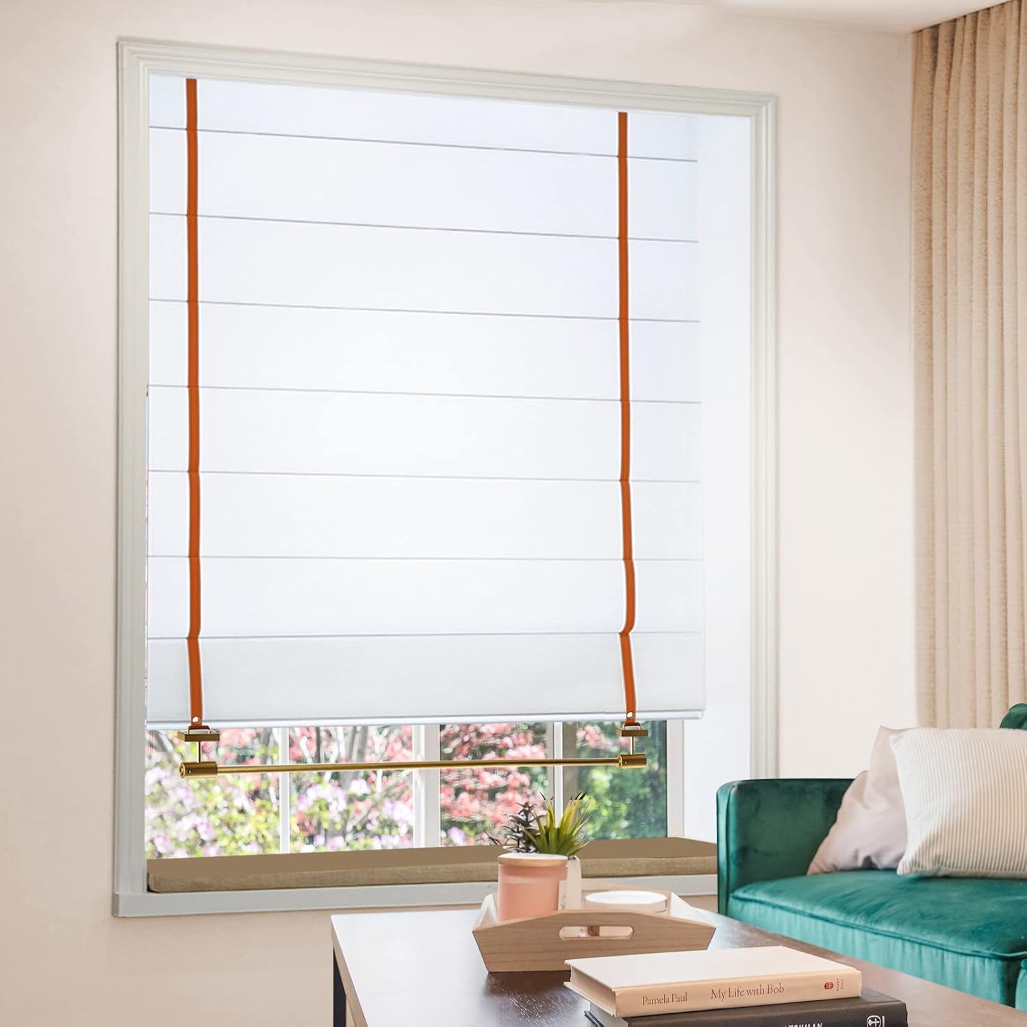 Roman Shades Window Blinds, White Brown Yellow Leather Trim