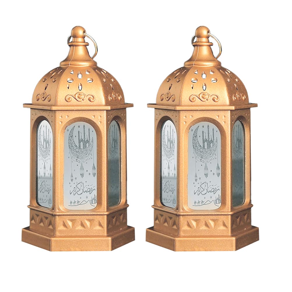 LOGOFUN 2Pcs Vintage Decorative Lantern Middle Eastern Arabic Small Candle Night Light Metal Carving Hanging LED Lantern for Porch Patio Festival Party Decor