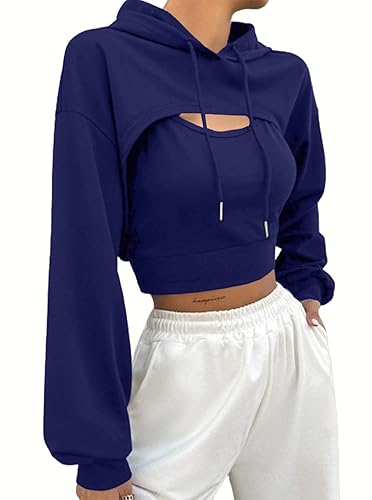 Hilinker Women's Long Sleeve Cropped Hoodie Workout Drawstring Super Crop