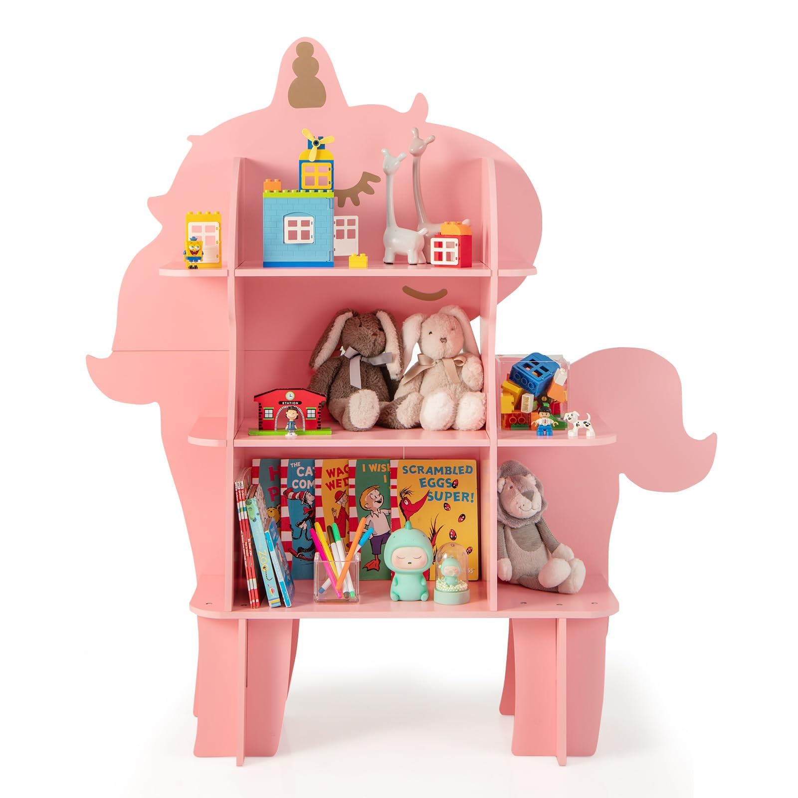 COSTWAY Kinderregal 3 Ebenen in Einhornform, Spielzeugregal Holz mit offenen Regalen, Bücherregal Kinder, Kinderzimmer Regal für Kinderzimmer, Spielzimmer, Kindergarten