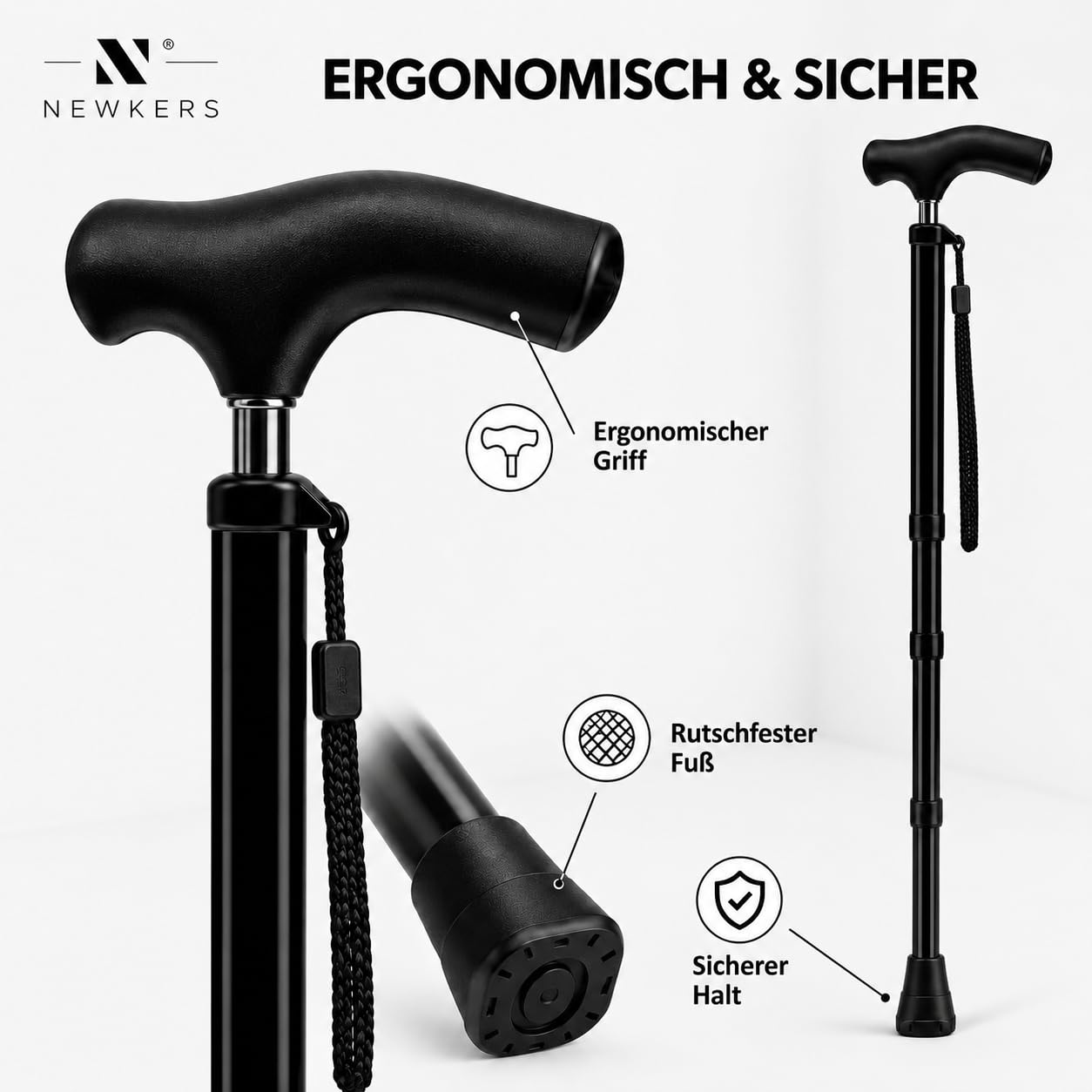 Bastón telescópico [41 – 86 cm] Premium para la bolsa, ultraligero 300 g, soporta hasta 150 kg, mango cómodo antideslizante, bastón estable de altura ajustable