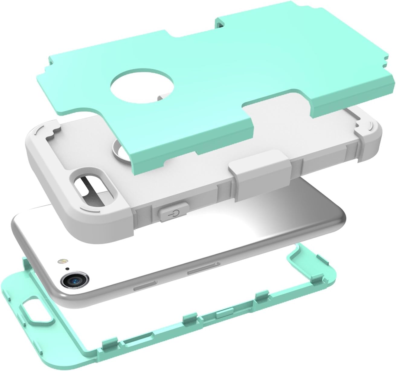 LONTECT Hybrid Heavy Duty Shockproof Full-Body Protective Case with Dual Layer Hard PC+ Soft Silicone Impact Protection for Apple iPhone 7, Teal/Grey