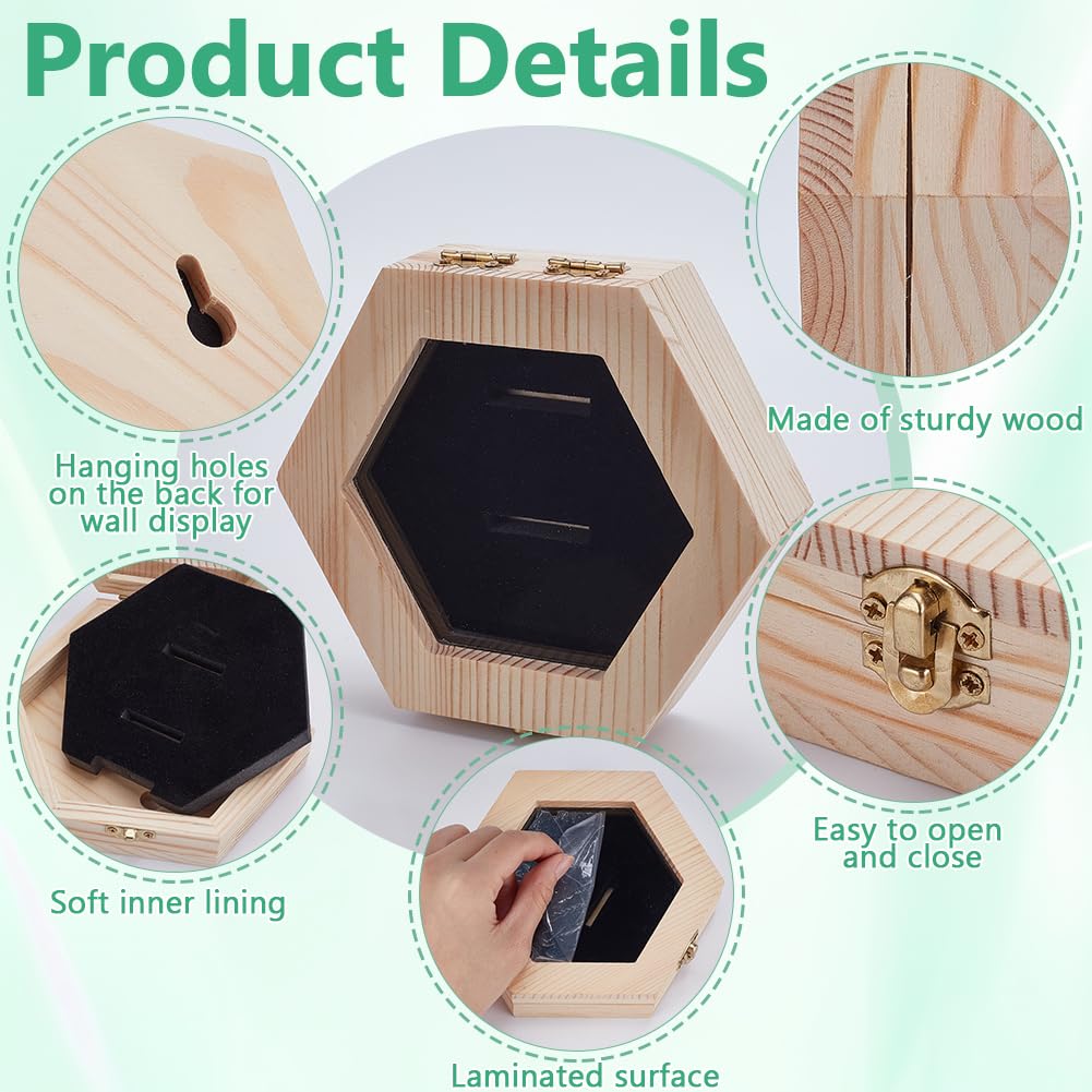 PH PandaHall Juego de 6 soportes de madera para medallas hexagonales, caja de almacenamiento de medallas, caja de medallas de montaje en pared con esponja para deportes, maratón, carreras,