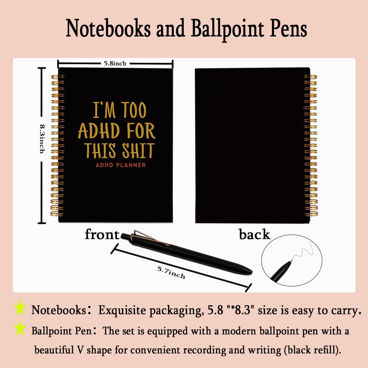 ADHD Planner for Adults Women - Funny A5 Spiral Notebook & Pen Set, Executive Functioning Journal, Sarcastic Office Must Haves, 80 Sheets College Ruled, Neurodivergent Gift, Black & Gold