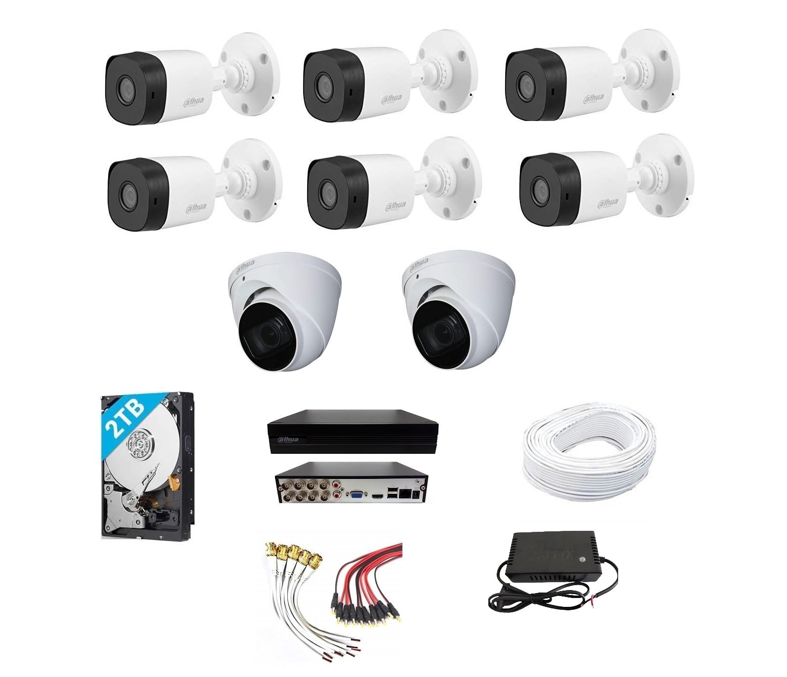 DAHUA Full HD 2MP with Audio Recording (Built in Mice) Cameras Combo KIT 8CH HD DVR+ 6 Bullet Cameras+2 Dome Cameras+2TB Hard DISC+ Wire ROLL +Supply & All Required Connectors