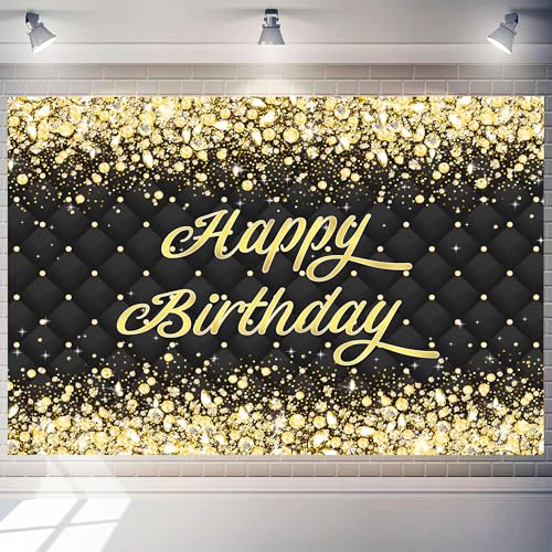 Image of Birthday Decorations Backdrop 10 x 8 ft Green Golden Happy Birthday Banner Large Birthday Party Background for Men Women Kids Photo Shoot Supplies (Black-Birthday, 10 * 8 ft)