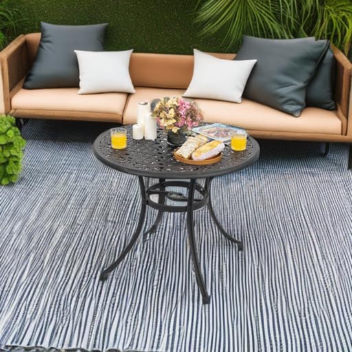 Image of NUU GARDEN 35 Inch Patio Dining Table with Umbrella Hole, Outdoor Cast Aluminum Bistro Table, Black with Antique Bronze at The Edge