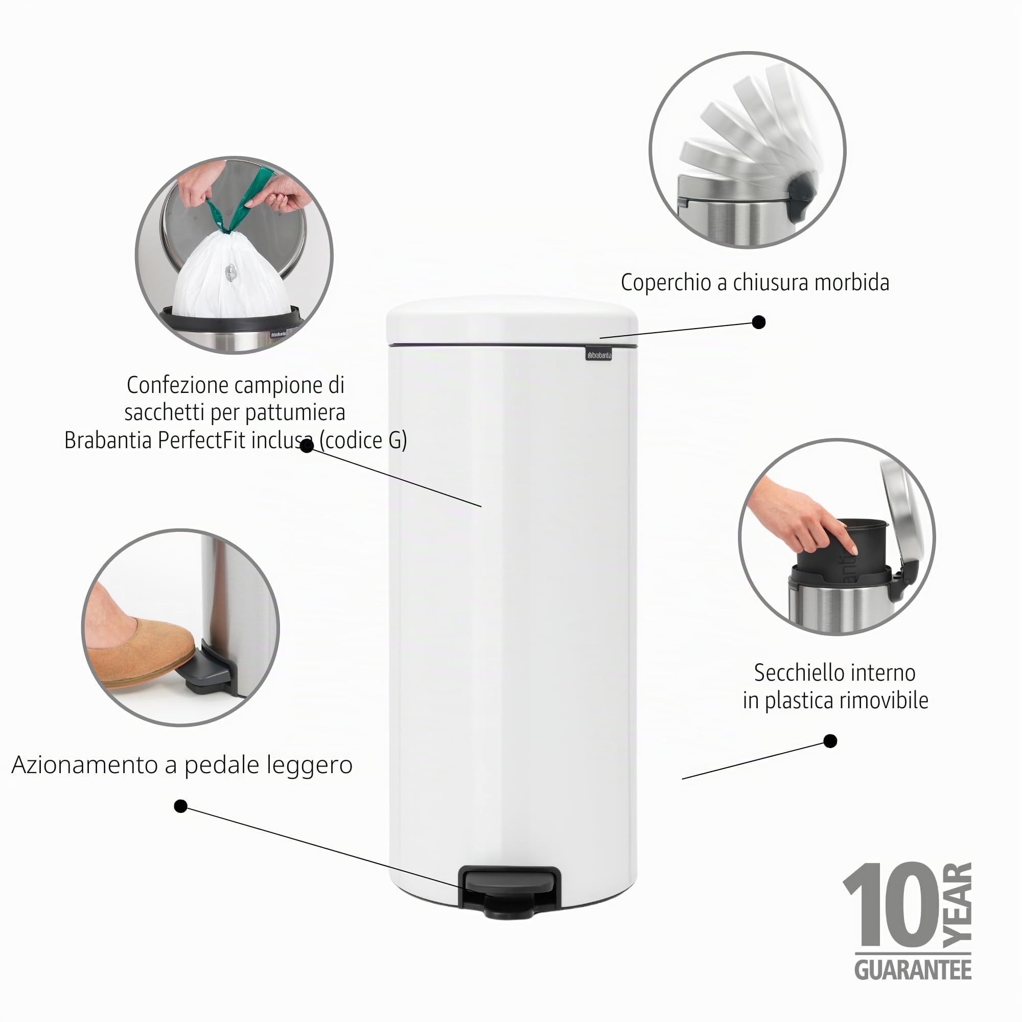 Brabantia Pedal Bin Newicon Pattumiera a Pedale, Secchio Interno in Plastica, Bianco, 30 lt