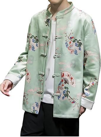 Mens Tang Suit Jacket Spring and Autumn Long Sleeve Chinese Traditional Vintage Print Tai Chi Kung Fu Coat.
