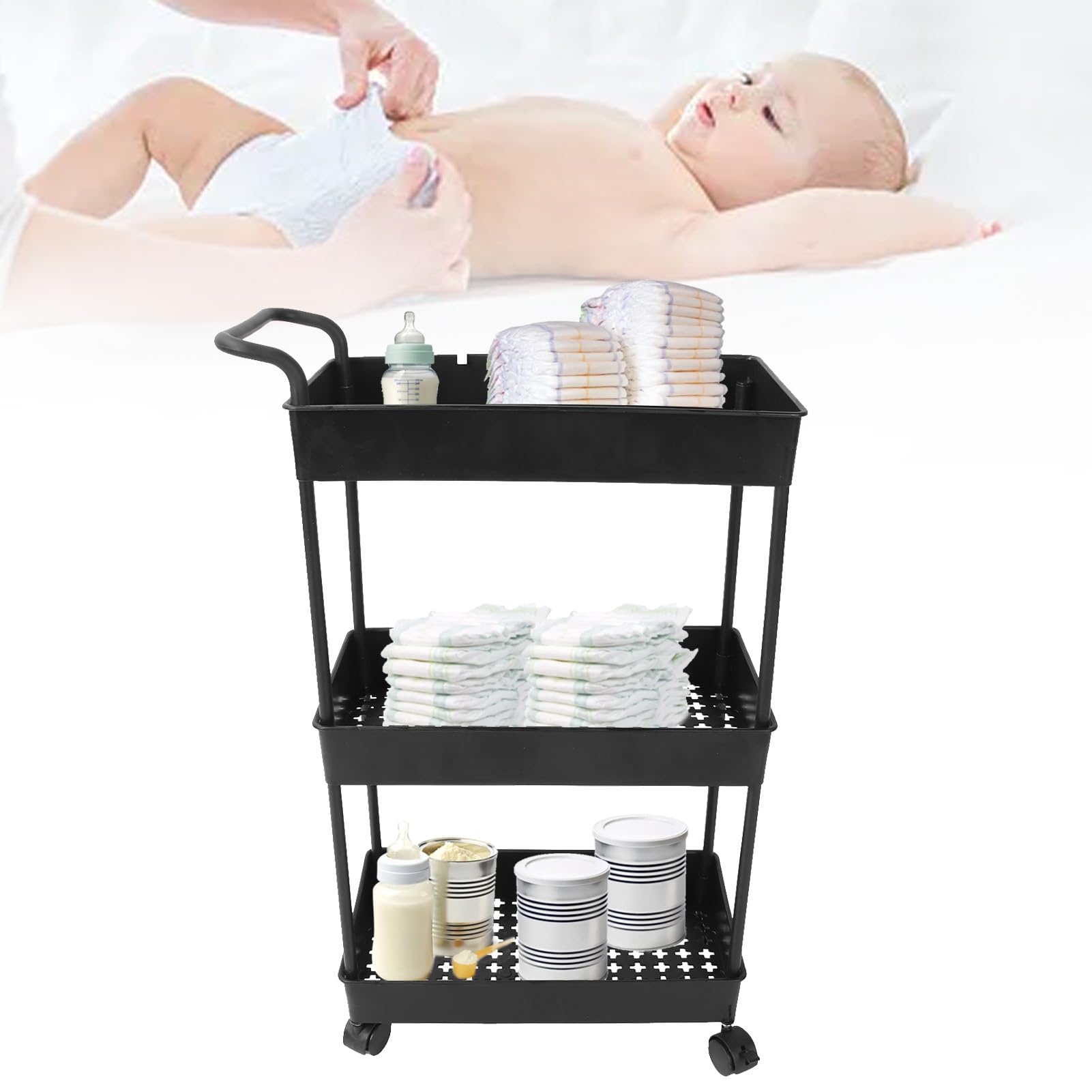 Carrello Organizer Pieghevole per Pannolini per Bambini a 3 Livelli, Elementi Essenziali per Bambini di Grande capacità, Contenitore Mobile per Pannolini con 4 Ruote Girevoli