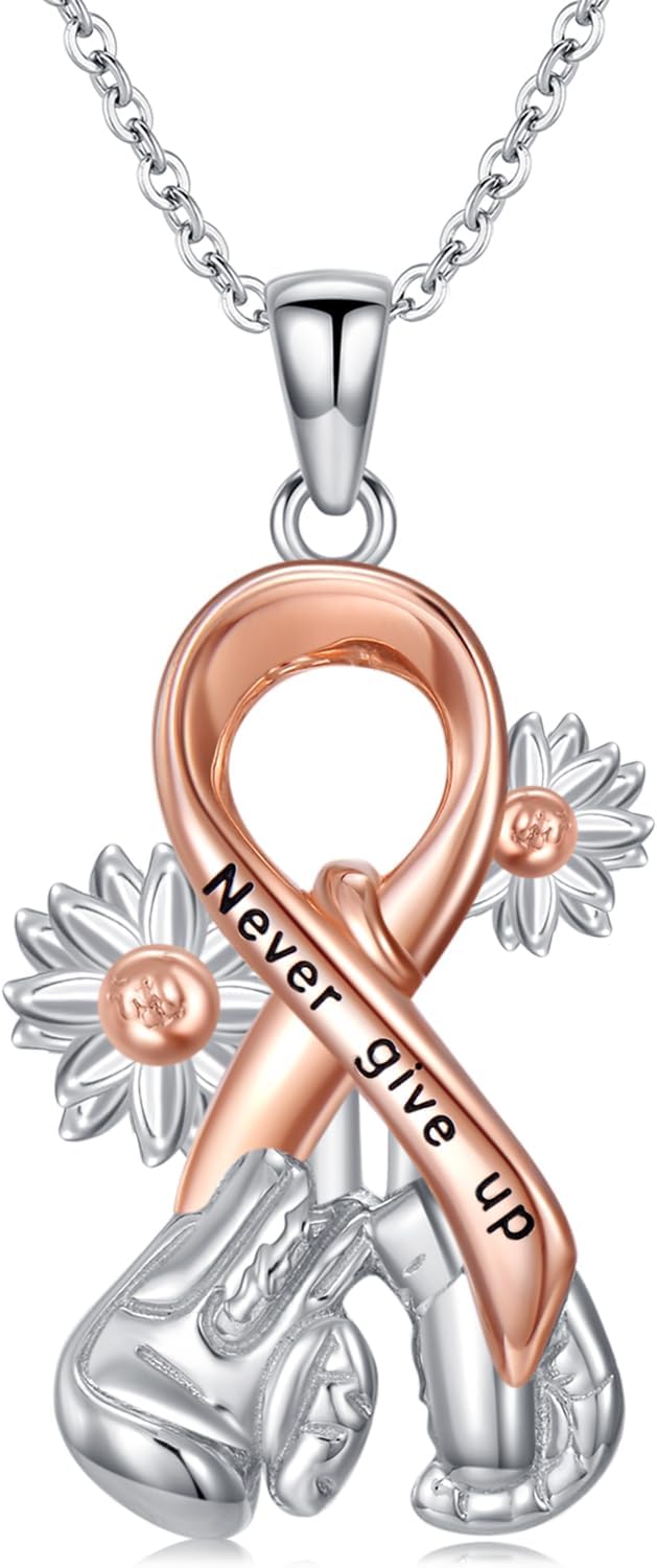 Breast Cancer Gifts for Women Pink Ribbon Necklace 925 Sterling Silver Breast Cancer Awareness Jewelry Survivor Gifts