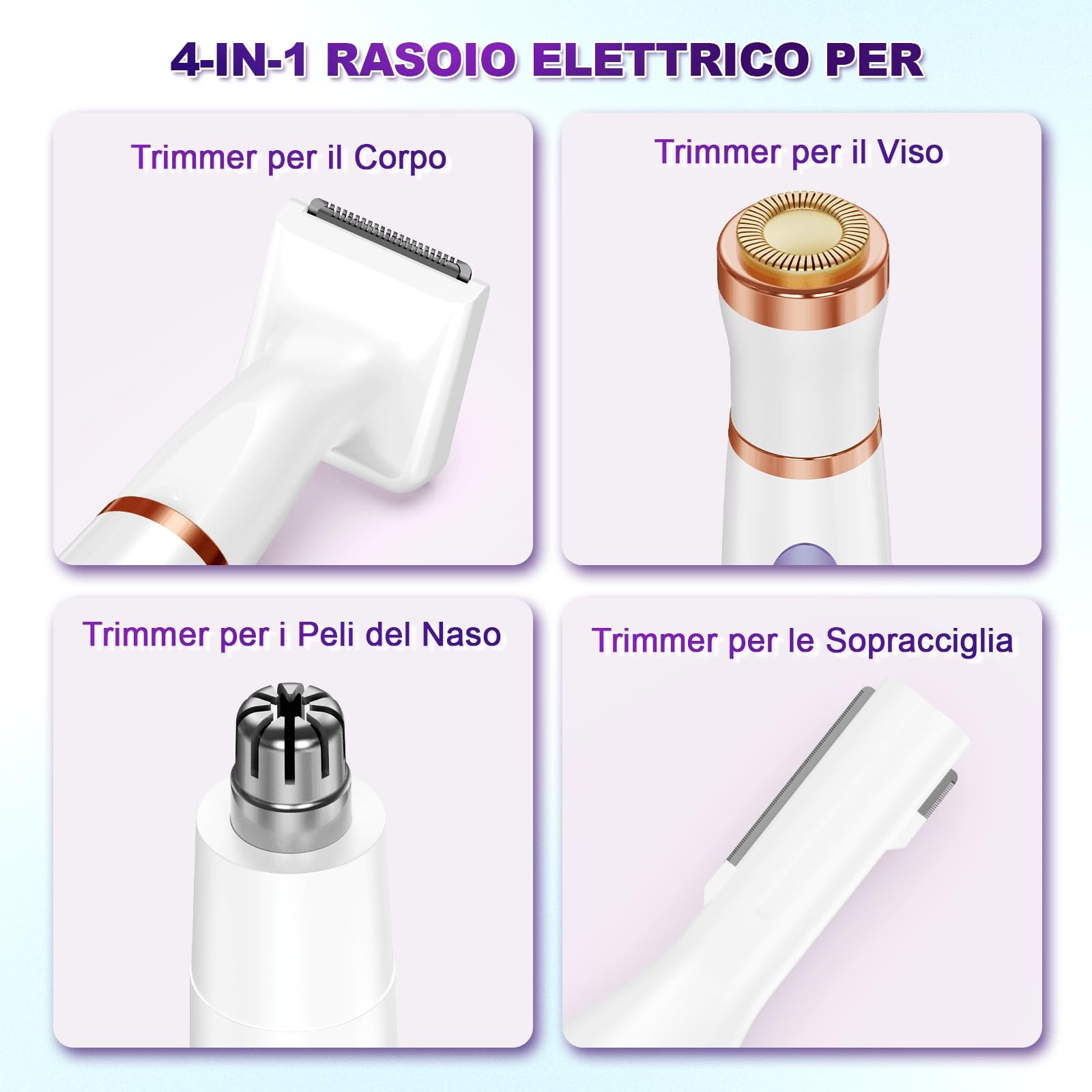 Rasoio Elettrico Donna, 4 in 1 Depilatore Corpo Donna Rasoio Parti Intime Depilatore Viso, Rasoio Intimo Rasoio Elettrico Corpo Epilatore Elettrico Capelli per Viso, Corpo