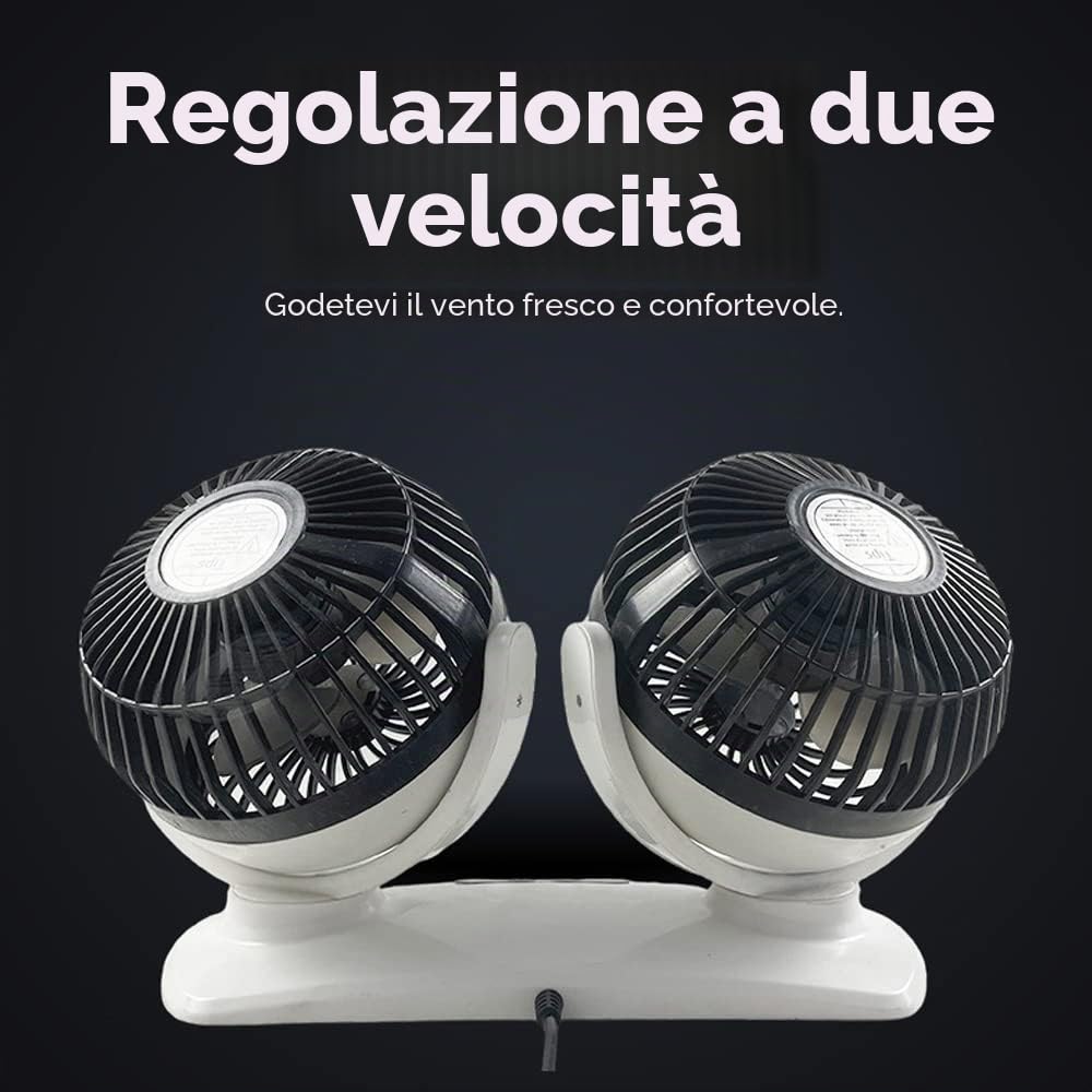 Baceyong Ventilatore Auto Doppia Testa 12V/24V, Rotazione 360° | Doppia testa girevole a 360°, 2 velocità, display LED, per auto, SUV, camion e camper 12V/24V