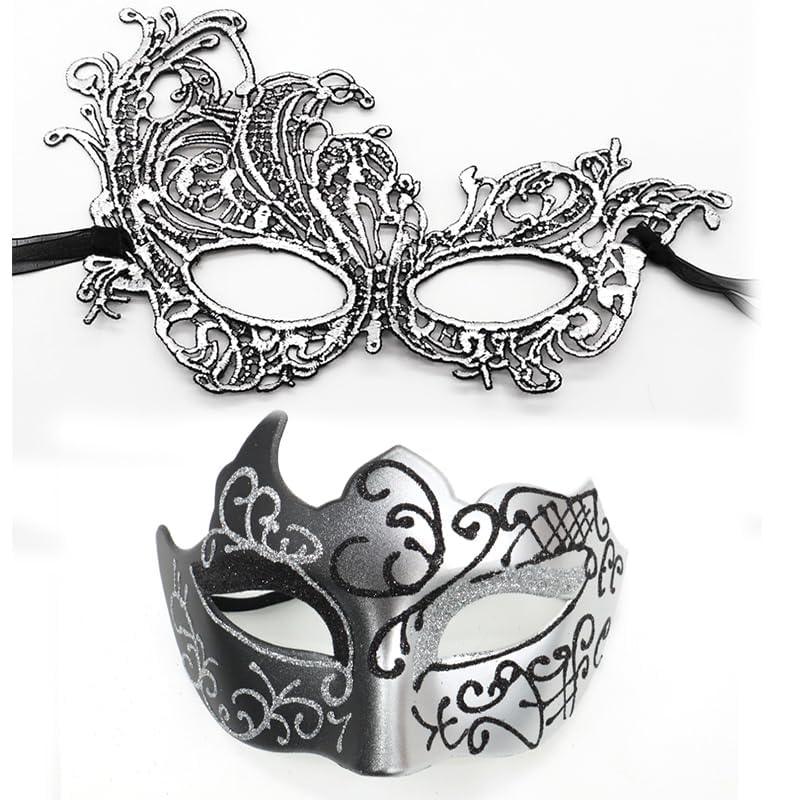 CBMZHF 2PCS Masquerade Mask for Couple Men Women Venetian Mask for Halloween Lace Masque Costume mask Party Prom Ball Mardi Gras (Silvery)