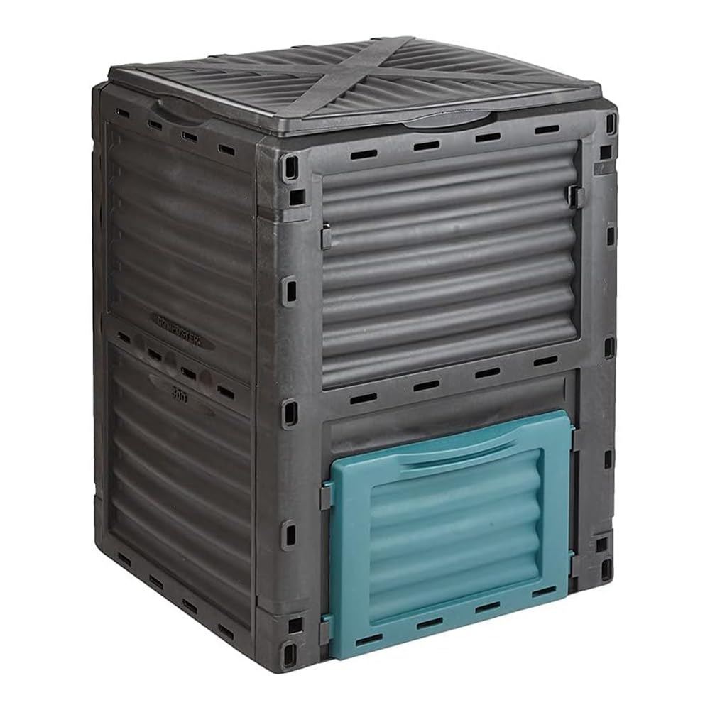 Easylife Garden Compost Bin Outdoor - Weatherproof Rubbish Bin with Hinged Trap Door - Easy Assembly Compost Maker for Garden Clippings, Grass - Durable Trash Can, H81xDia60cm, 300L, Black