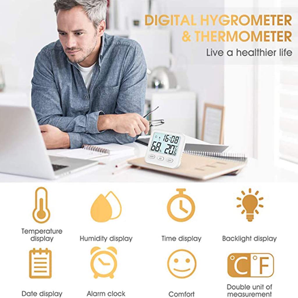 Termometro e igrometro Digitale per Interni Domestici, igrometro Digitale, Orologio e Display dell'ora integrati, misuratore di monitoraggio accurato per casa, Ufficio, Serra, Bianco (Giallo)