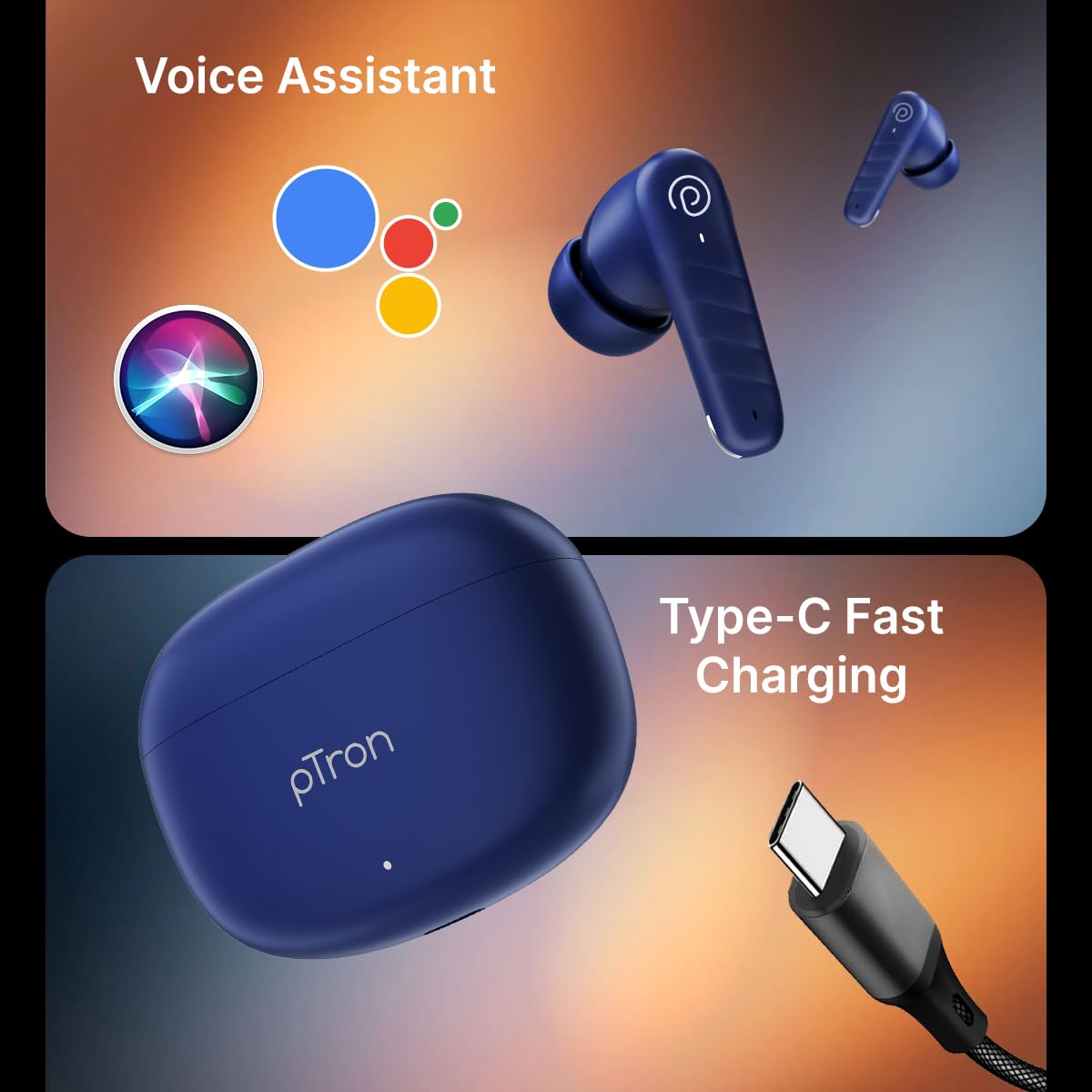 pTron Bassbuds Spark in-Ear TWS Earbuds with Stereo Sound, 40Hrs Playtime, Stereo Calls, Bluetooth V5.3 Headphones with Quick Pairing, Touch Control, Voice Assistant, Type C Charging & IPX5 (Blue) — Amazon image 6