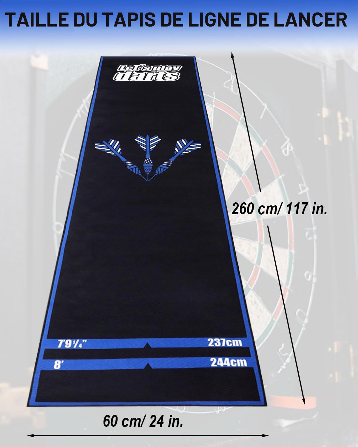 Tapis de Fléchettes Professionnel avec Système de Ligne Oche & Lignes de Lancer – Tapis de Fléchettes Premium pour Sol | 260 x 60 cm | Idéal comme Cadeau