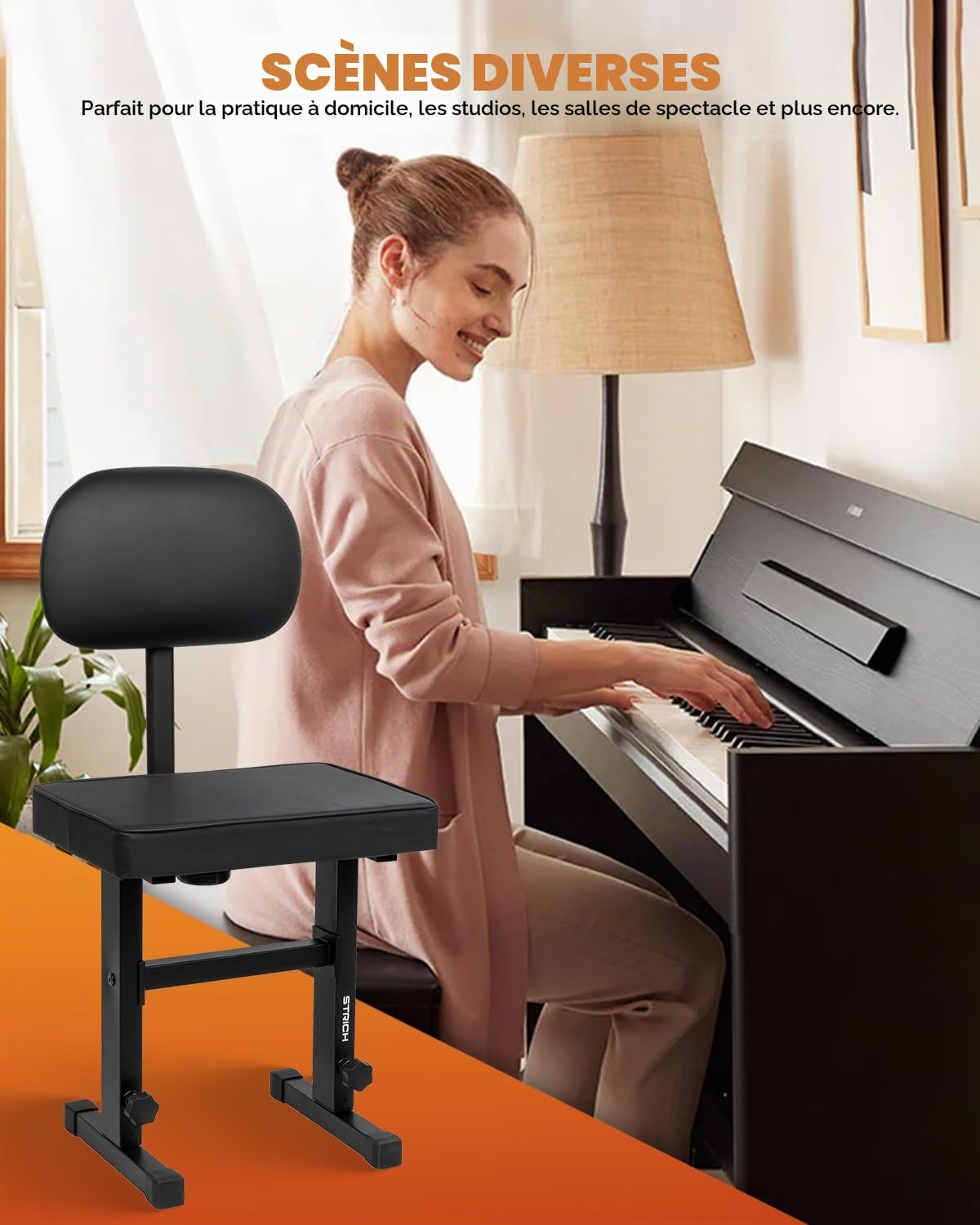 STRICH Banc de piano réglable - Siège de banc avec dossier - Avec coussin rembourré pour musiciens - Noir - SPB-M50S (cuir synthétique)