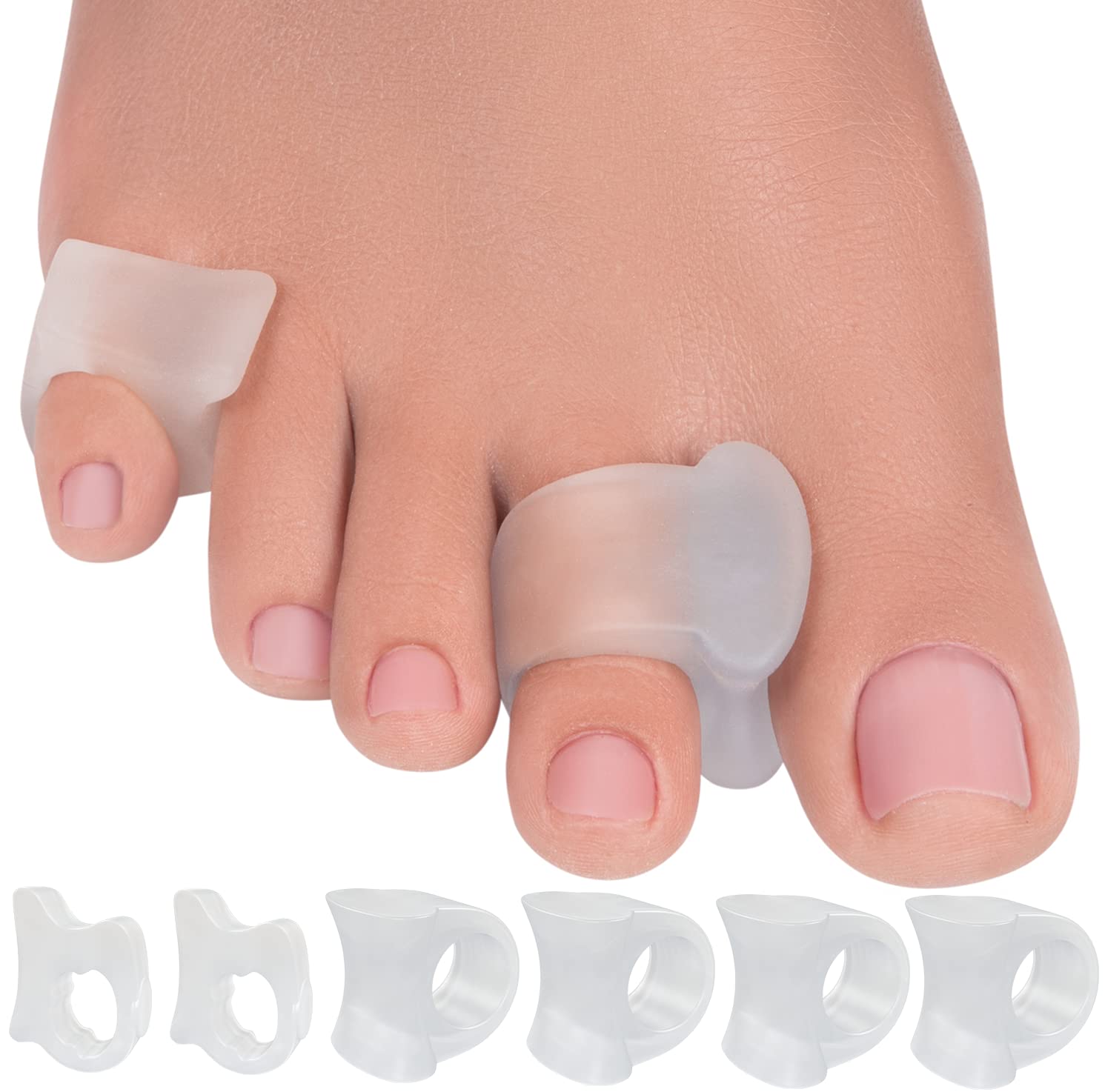 5 STARS UNITED Toe Separators Hammer Toe Straightener - 4 Clear Big + 2 Pinky Toe Spacers, Gel Spreader - Correct Crooked Toes - Bunion Corrector and Bunion Relie