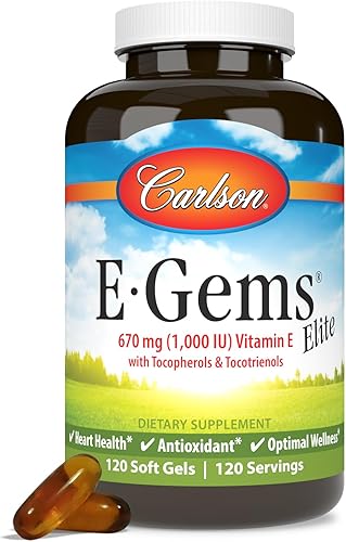 Carlson - E-Gems Elite, 1000 UI de vitamina E con tocoferoles y tocotrienoles, salud cardíaca y bienestar óptimo, antioxidante, 120 geles blandos