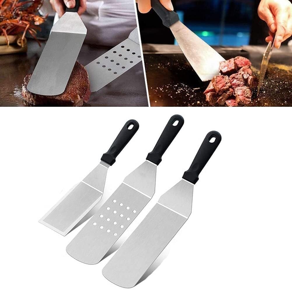 Set di 3 Utensili per Barbecue in Acciaio Inossidabile, Kit di spatole per griglia da Cucina e da Campeggio con Manico in plastica