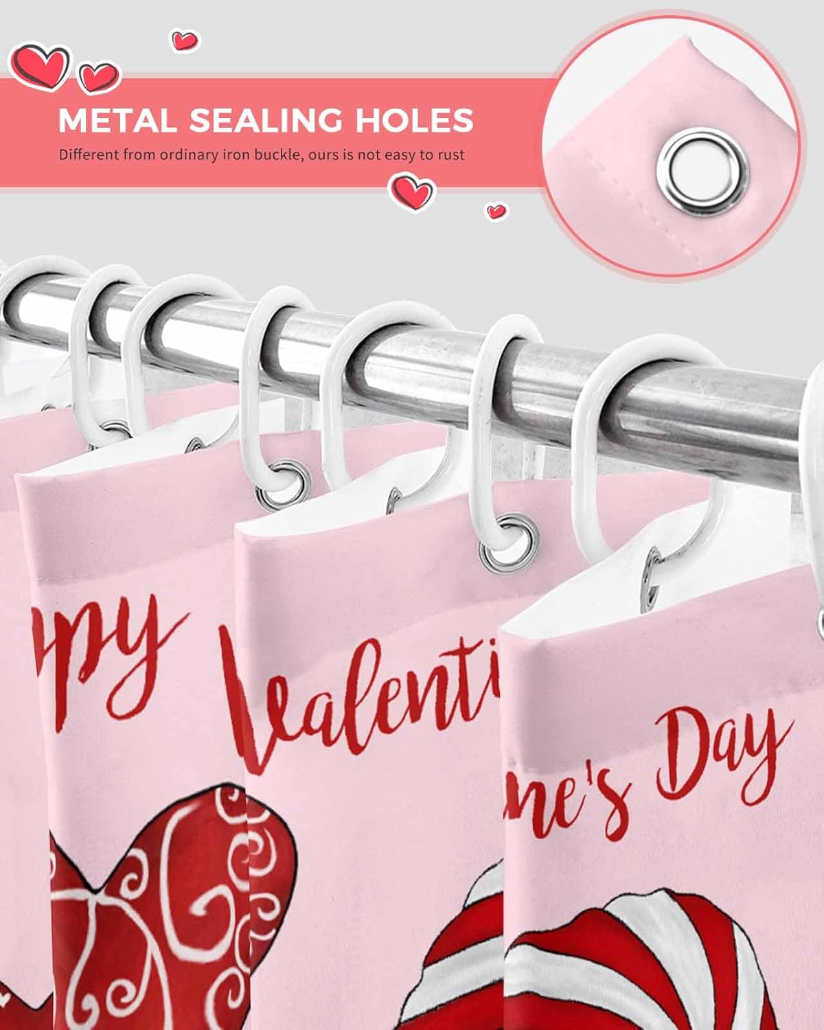 Happy Valentines Day Shower Curtains for Bathroom Gnomes Fabric Shower Curtain with Hooks, Hearts Flowers Shower Curtain Set, Romantic Bathroom Curtains Decoration, Waterproof Polyester, 72"x78" Long