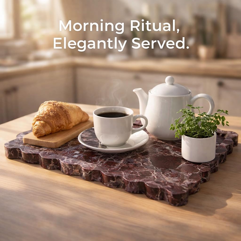 14" x 10" Large Genuine Rosso Levanto Scalloped Marble Tray, Pre-Sealed for Stain & Water Resistance, Luxury Decorative Trays for Vanity, Bathroom, Dresser, Coffee Table, Home Decor
