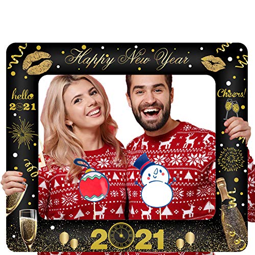 Feliz año nuevo 2020 Photo Booth Picture Frame y Photo Booth Props Gold Black Party Favors Holiday Decorations Supplies (A)