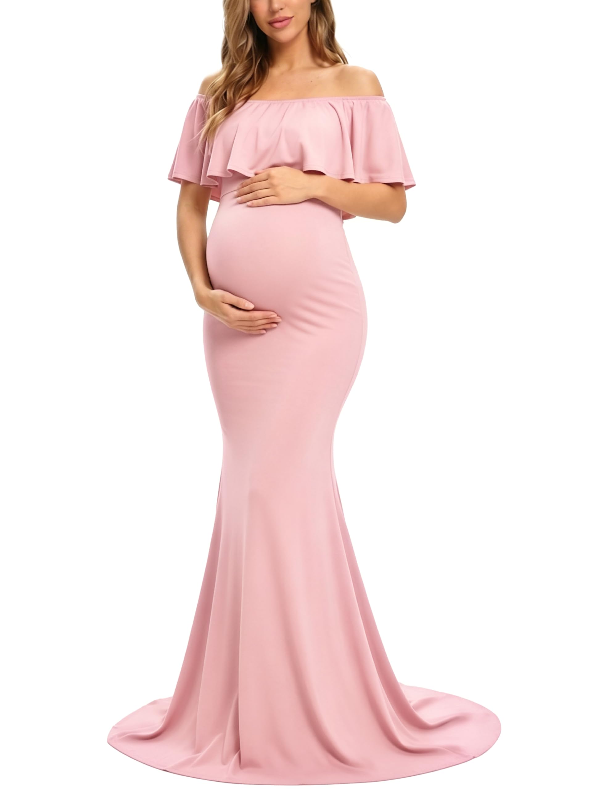 Glampunch Women's Off Shoulder Ruffle Maternity Maxi Dress, A-Pink, Size L, 95% Rayon 5% Spandex