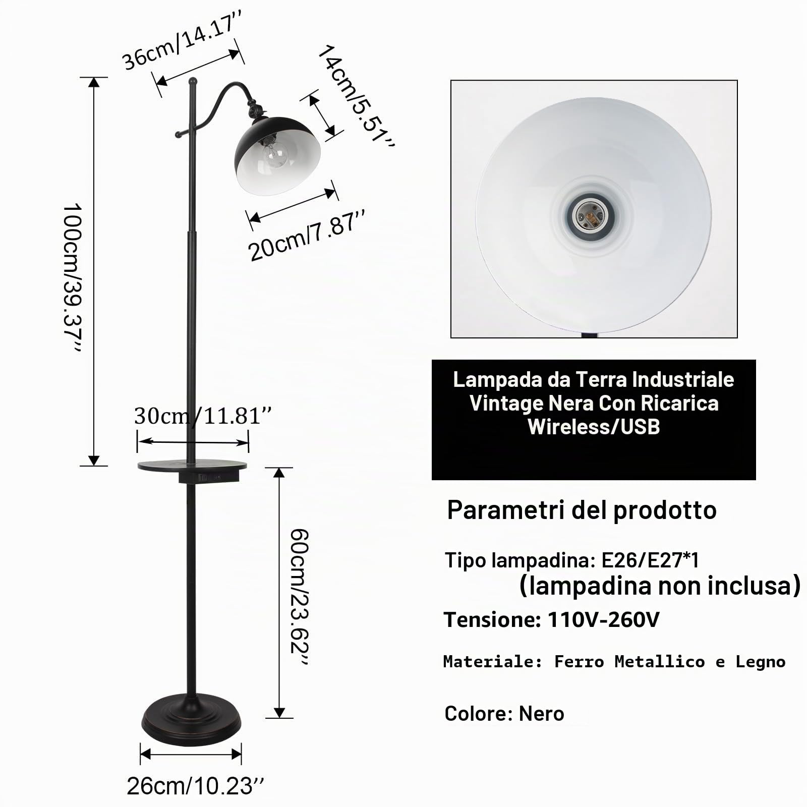 Lampada da Terra con Ripiani, Lampada da Terra Industrial&Vintage E27 con Ricarica Wireless e 2 Porte USB, Lampada Angolare da Terra Nera per Soggiorno, Camera da Letto e Ufficio