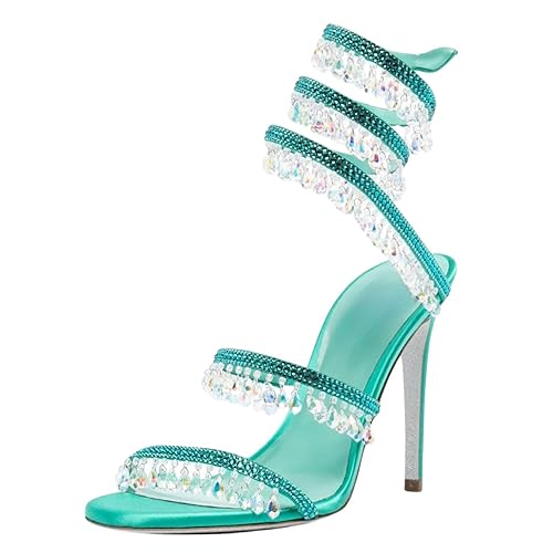 Longwenxuan Rhinestone Tassel Wrap Around High Heels Stiletto Sandals for Women,Women's Colorful Diamonds Twist Around Open Round Toe Lace up Heeled Sandals Date Banquet Dress Wedding Prom High Heeled Shoes - 6 - Green