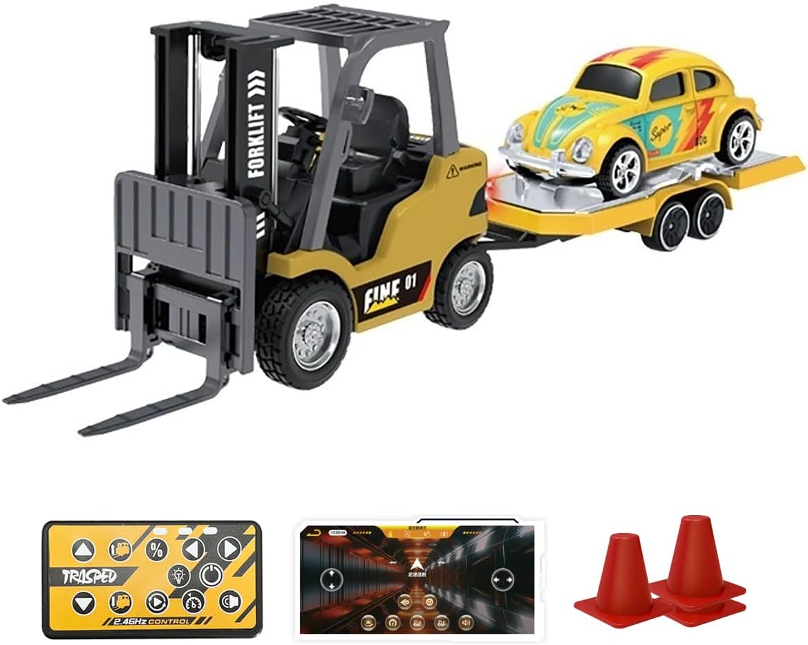 RC Forklift Toy Mini Remote Control Forklift 1/64 Desktop Alloy Engineering Vehicle Model Car Gift for Ages 6+ (Yellow)