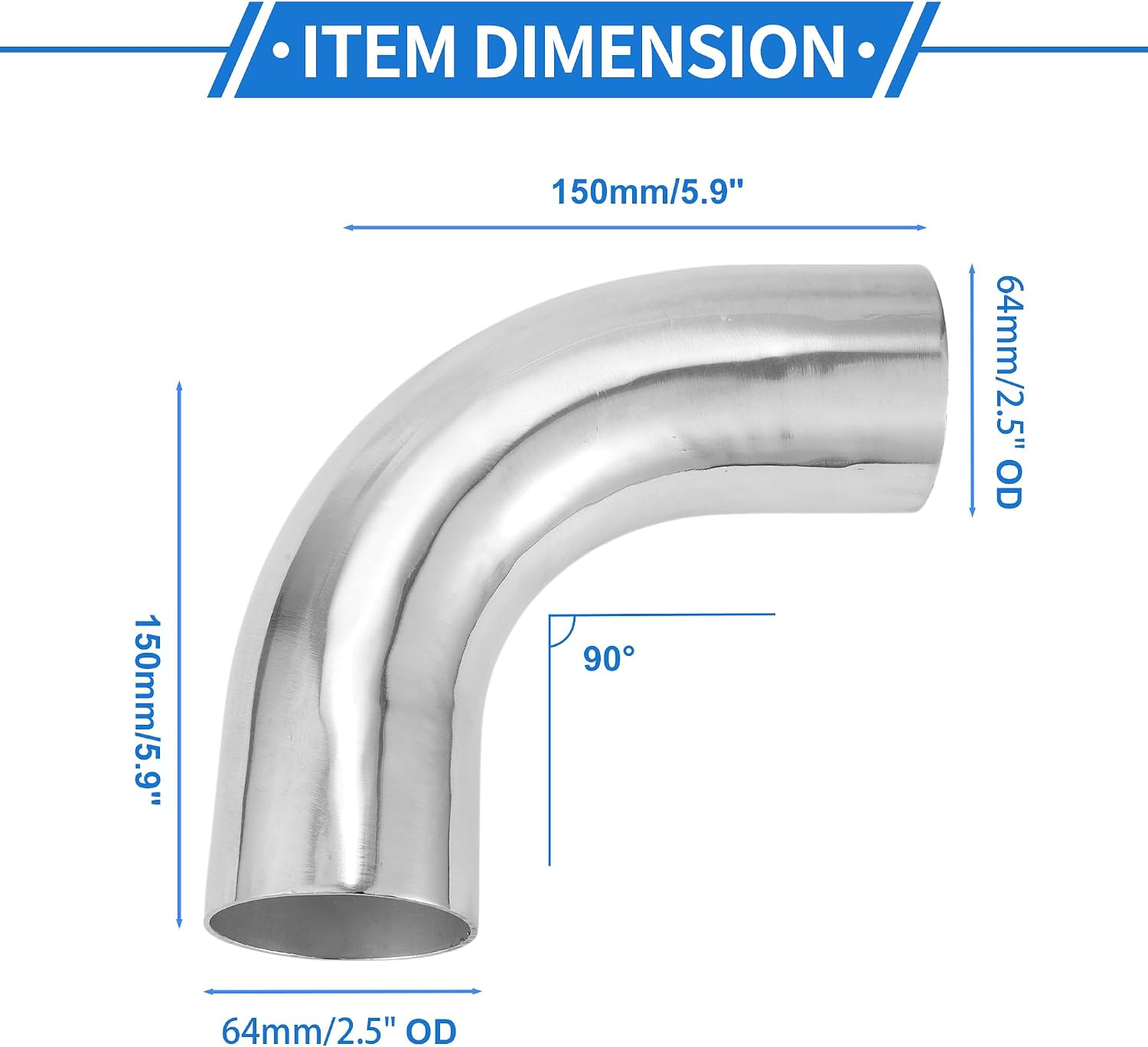 64mm/2.5"OD 90 Degree Bend 6061 Aluminum Alloy Tube Intercooler Surface Polishing Air Intake Connection Hose Double Flat Head 150mm 5.9" 1mm 0.04"